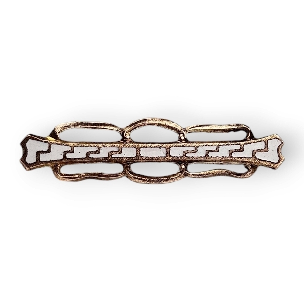 Antique Art Deco Bar Brooch Geometric White Enamel Gold Filled Cutout 1910s/ 20s